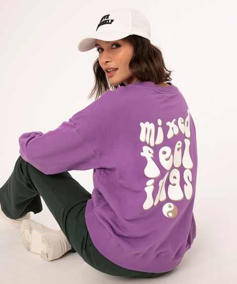 blusão oversized de moletom estampa localizada roxo