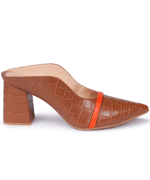 Mule Feminino Bico Fino Croco Salto Grosso Caramelo