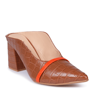 Mule Feminino Bico Fino Croco Salto Grosso Caramelo