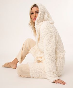 roupão de fleece pelo com capuz branco