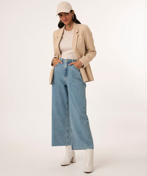 calça wide leg cropped jeans azul médio
