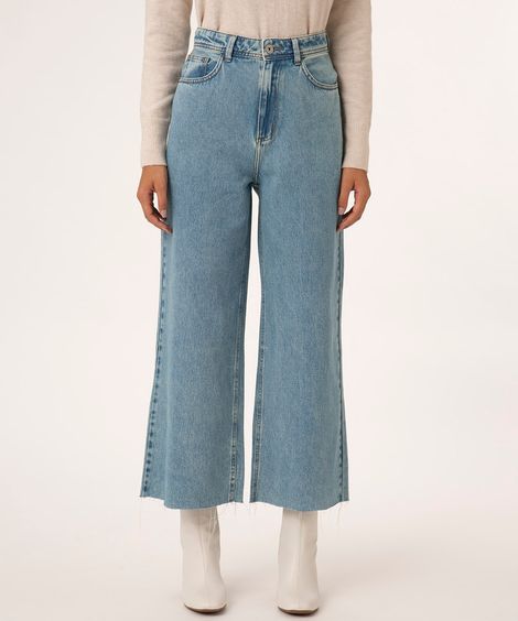 calça wide leg cropped jeans azul médio