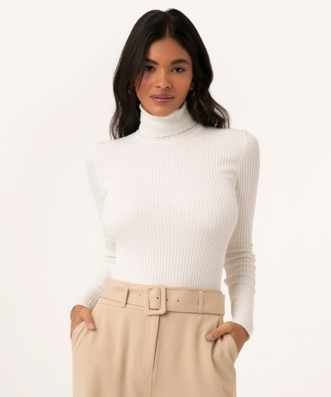 Blusa Feminina em Tricô Canelado Manga Longa Gola Alta Branca