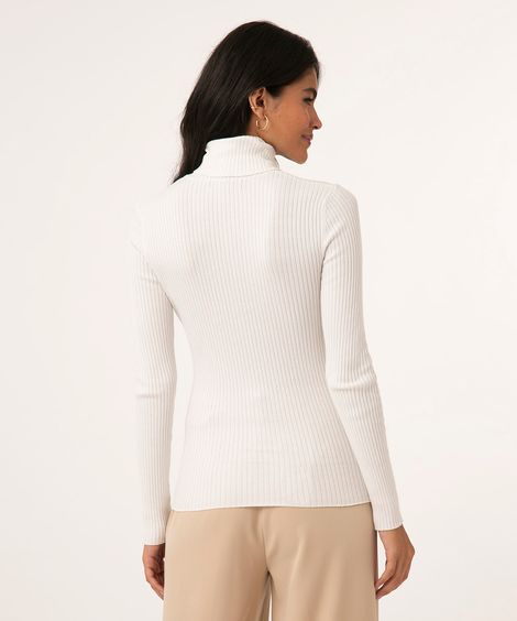 Blusa Feminina em Tricô Canelado Manga Longa Gola Alta Branca