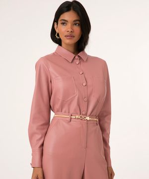 jaqueta shacket de pu com bolsos rosa