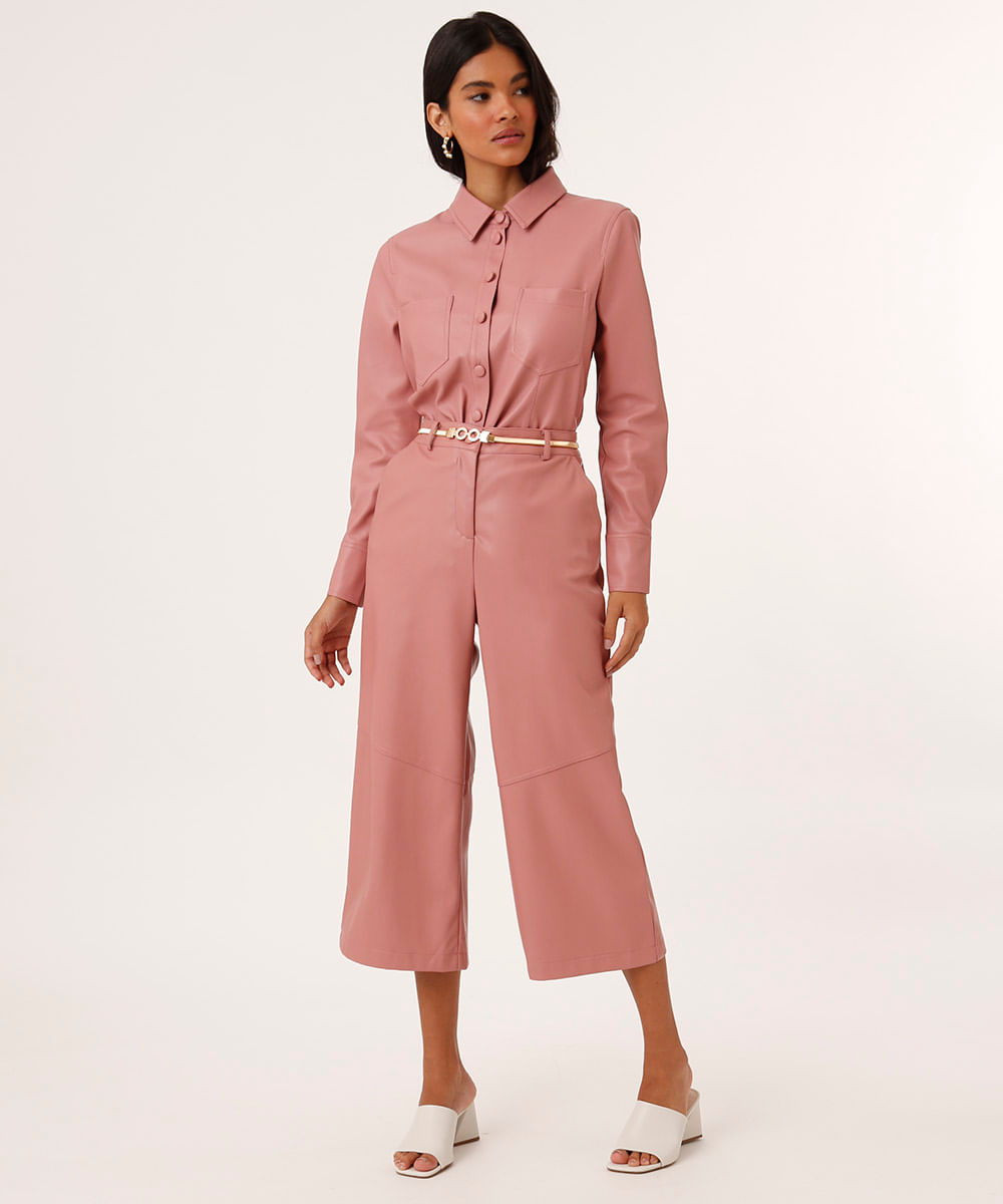 jaqueta shacket de pu com bolsos rosa