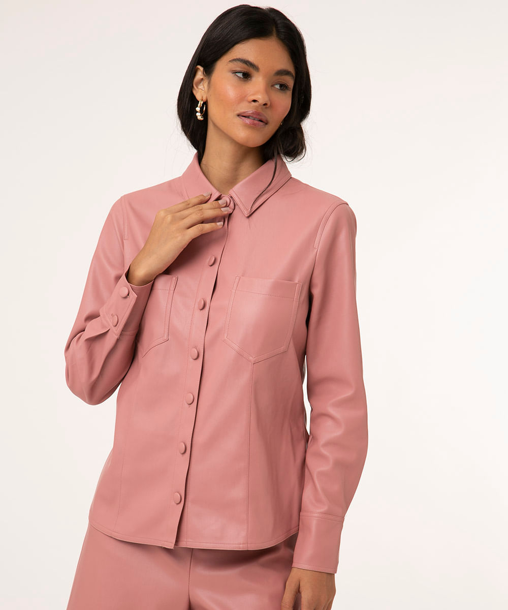 jaqueta shacket de pu com bolsos rosa