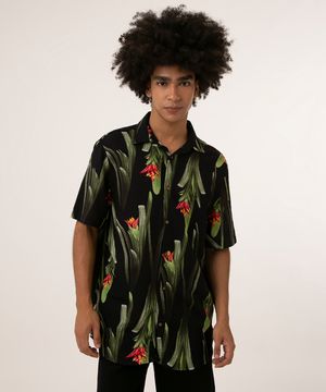 Camisa Masculina Estampada de Folhagem Manga Curta Preta