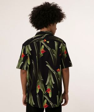 Camisa Masculina Estampada de Folhagem Manga Curta Preta