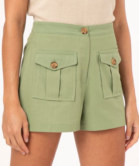 short de linho cintura alta com bolso verde