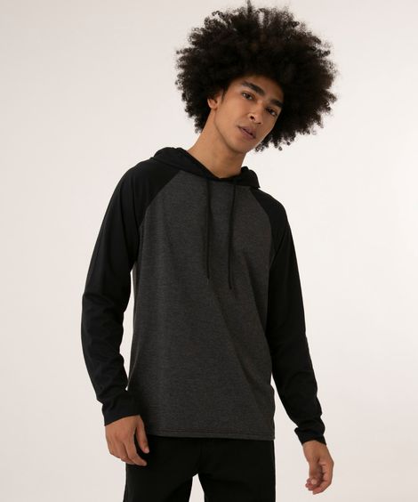 camiseta raglan manga longa com capuz cinza mescla escuro