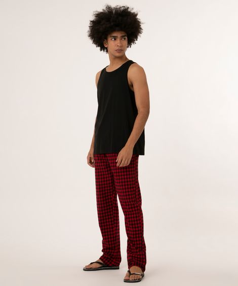 calça de pijama xadrez com cordão vermelha
