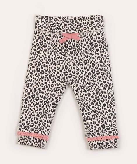calça infantil animal print cós dobrável bege