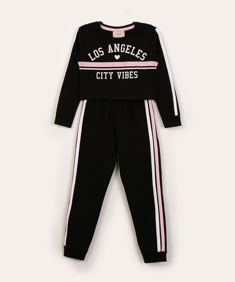 conjunto infantil de moletinho estampa college preto