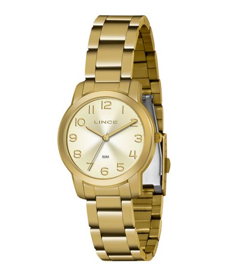 Kit de Relógio feminino lince analógico + colar + brinco dourado
