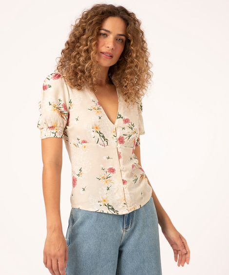 blusa de viscose manga bufante floral bege