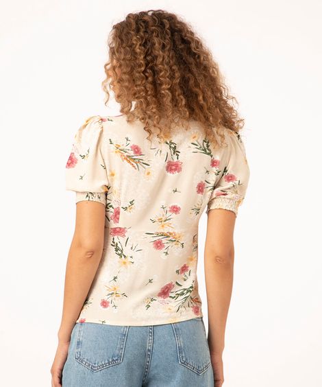blusa de viscose manga bufante floral bege