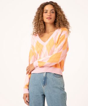 suéter de tricô estampa geométrica rosa claro
