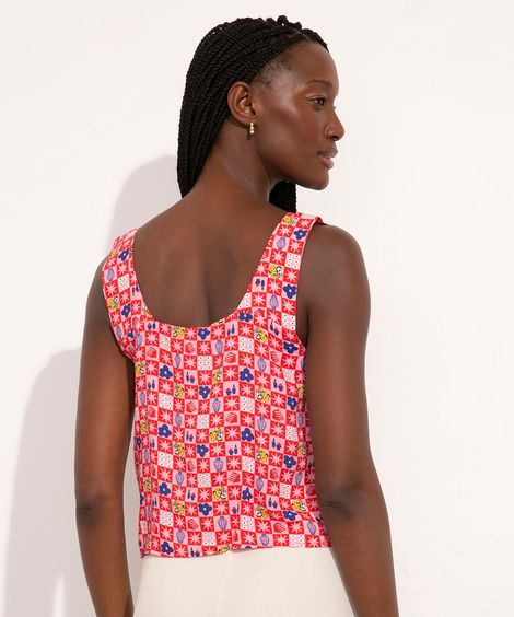 Regata de Viscose Estampada Lorena Vichy Alça Larga Decote Reto Mindset Lorena Moreira Multicor