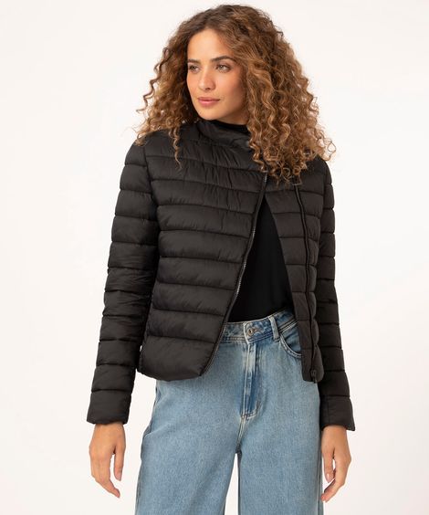 jaqueta puffer perfecto com saco para transporte preta