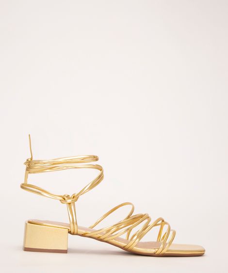 sandália metalizada lace up salto baixo oneself dourada