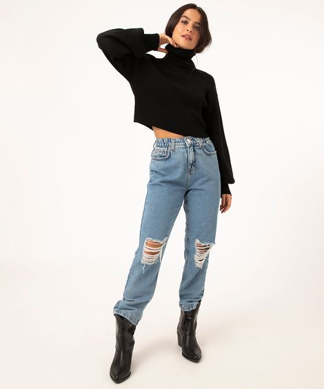 calça mom jeans cropped com elástico destroyed azul médio