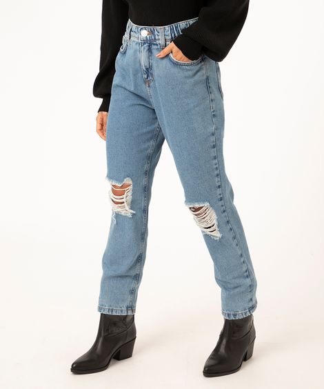 calça mom jeans cropped com elástico destroyed azul médio
