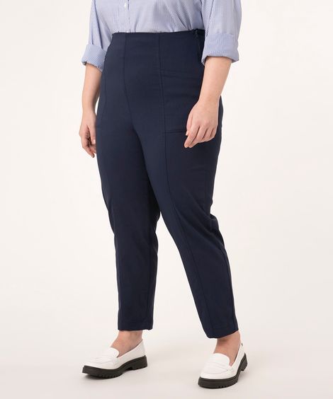calça reta plus size com bolsos azul marinho