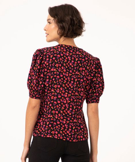 blusa floral com botões manga bufante preta