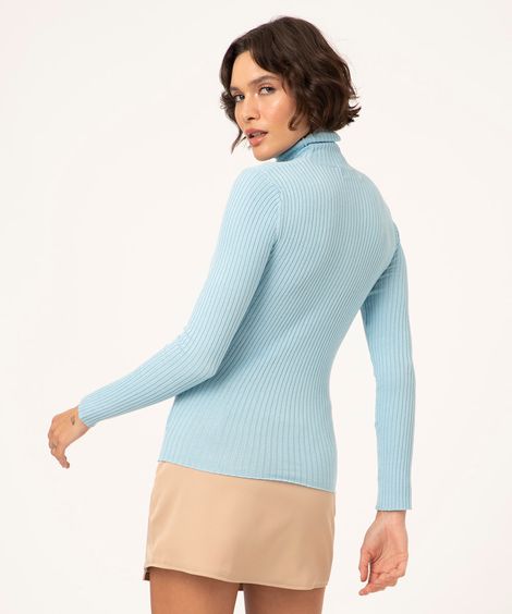 blusa de tricô canelada manga longa gola alta azul
