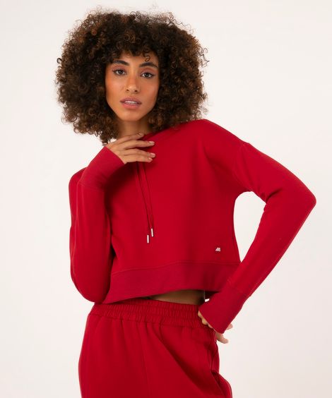 casaco de moletom cropped com capuz esportivo vermelho escuro