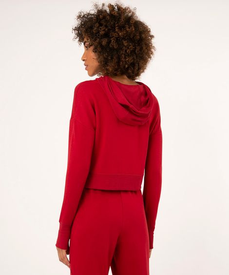 casaco de moletom cropped com capuz esportivo vermelho escuro