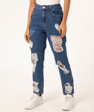 calça mom jeans cropped com elástico destroyed azul escuro