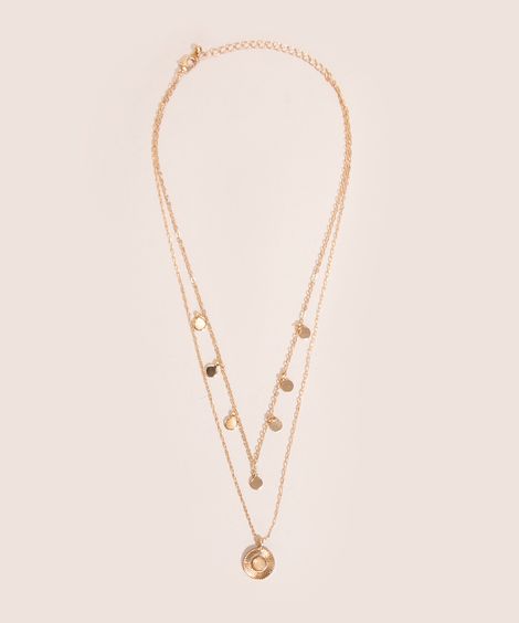 colar duplo medalhas e pingente redondo dourado