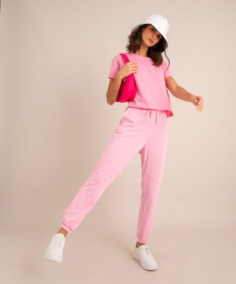 calça jogger de moletom cintura alta com bolsos  rosa médio