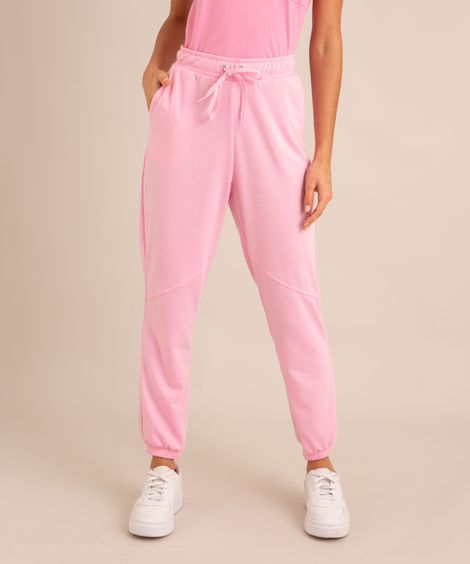 calça jogger de moletom cintura alta com bolsos  rosa médio