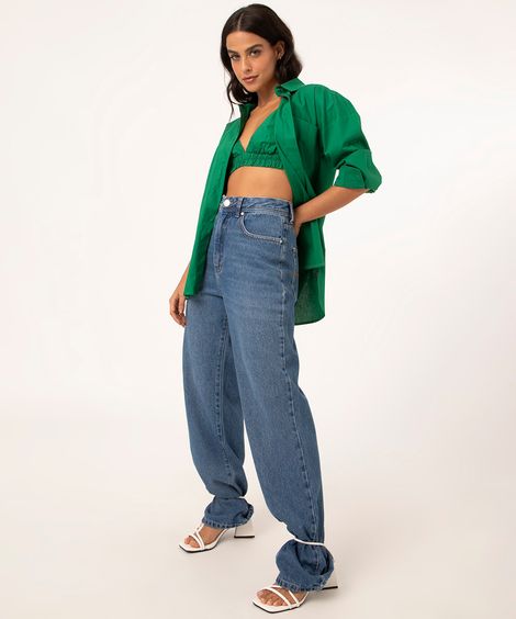 calça wide leg jeans slim cintura alta azul médio