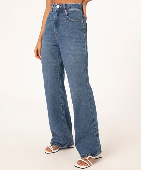 calça wide leg jeans slim cintura alta azul médio
