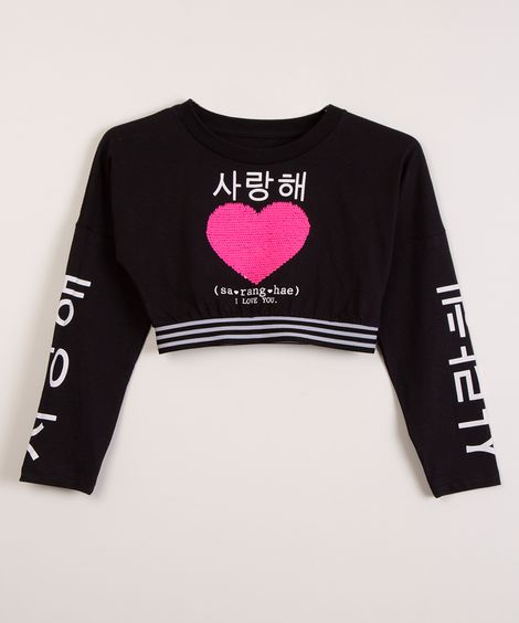 blusa juvenil cropped manga longa paetê preto
