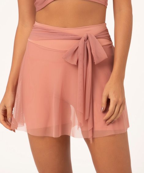 short saia evasê de tule com amarração rosa