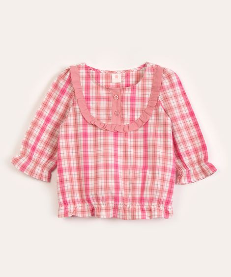 bata infantil manga longa xadrez  rosa