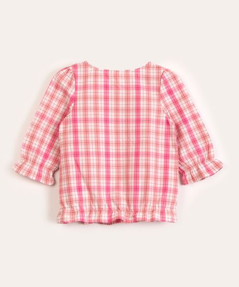 bata infantil manga longa xadrez  rosa