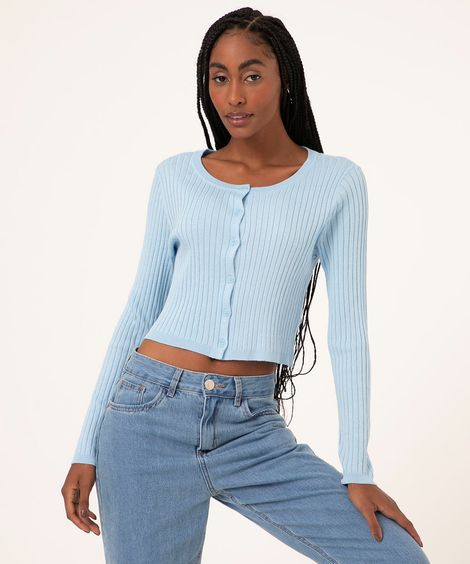 cardigan cropped de tricô canelado azul pastel