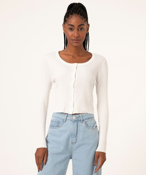 cardigan cropped de tricô canelado off white