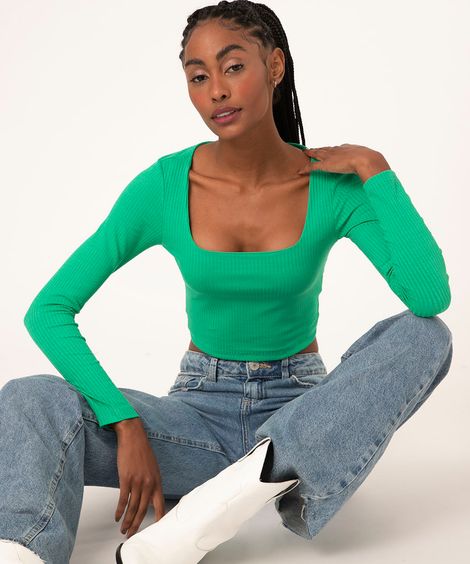 blusa cropped canelada manga longa decote reto verde
