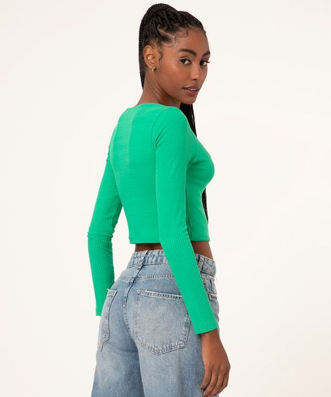 blusa cropped canelada manga longa decote reto verde