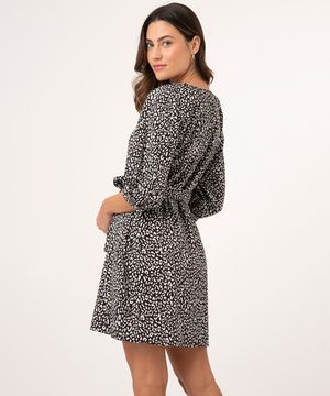 vestido manga bufante com amarração animal print preto