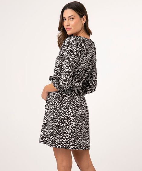 vestido manga bufante com amarração animal print preto
