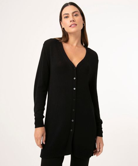 cardigan longo de tricô com fenda preto