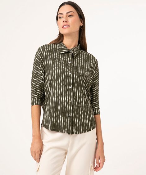 camisa ampla poá assimétrico manga 7/8 verde militar